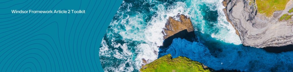 Picture of waves crashing on rocks. Beside this there are topographical lines in blue with the words Windsor Framework Article 2 Toolkit. 