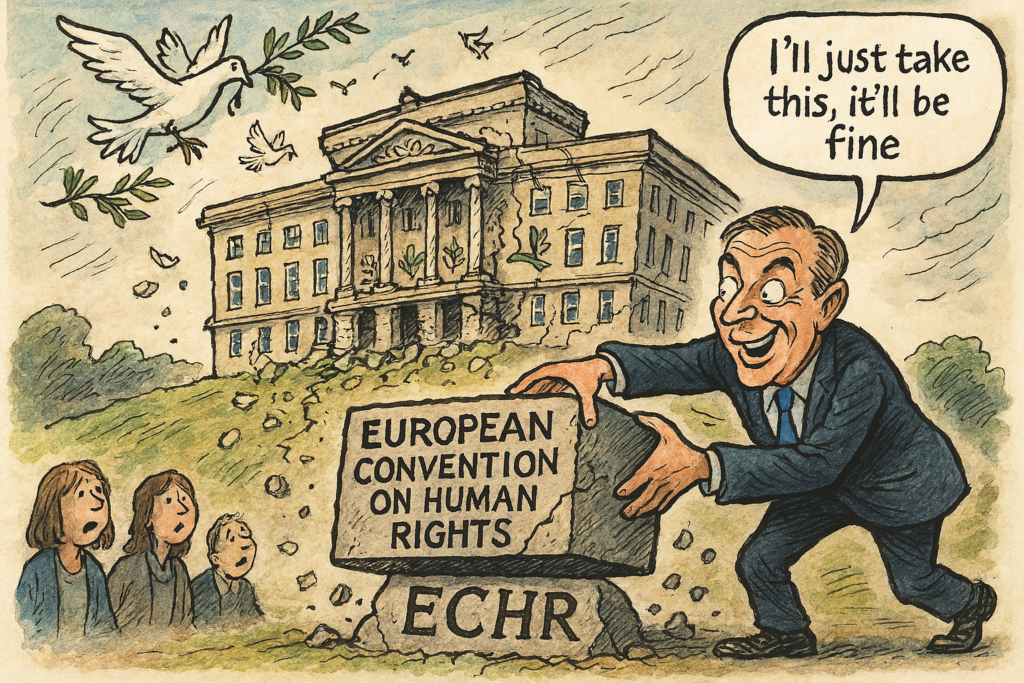 An image of a man lifting a stone that is part of the foundations of the Stormont Assembly. The stone has European Convention on Human Rights (ECHR) inscribed on it. The man is saying 'I'll just take this, it will be fine.' There is a dove of peace flying overhead and onlookers are looking shocked. 