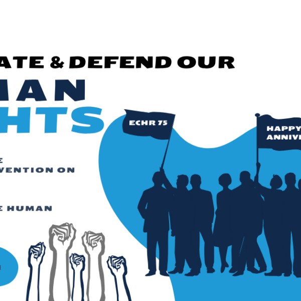 Images of people with banners celebrating the 75th anniversary of the ECHR and the 25th Anniversary of the HRA. The words 'Celebrate and Defend our Human Rights' and ' 75 years of the European Convention on Human Rights 1950-2025 25 years of the Human Rights Act 2000 - 2025' are displayed. There is also a caption saying 'protecting all of us' and the Human Rights Consortium logo.