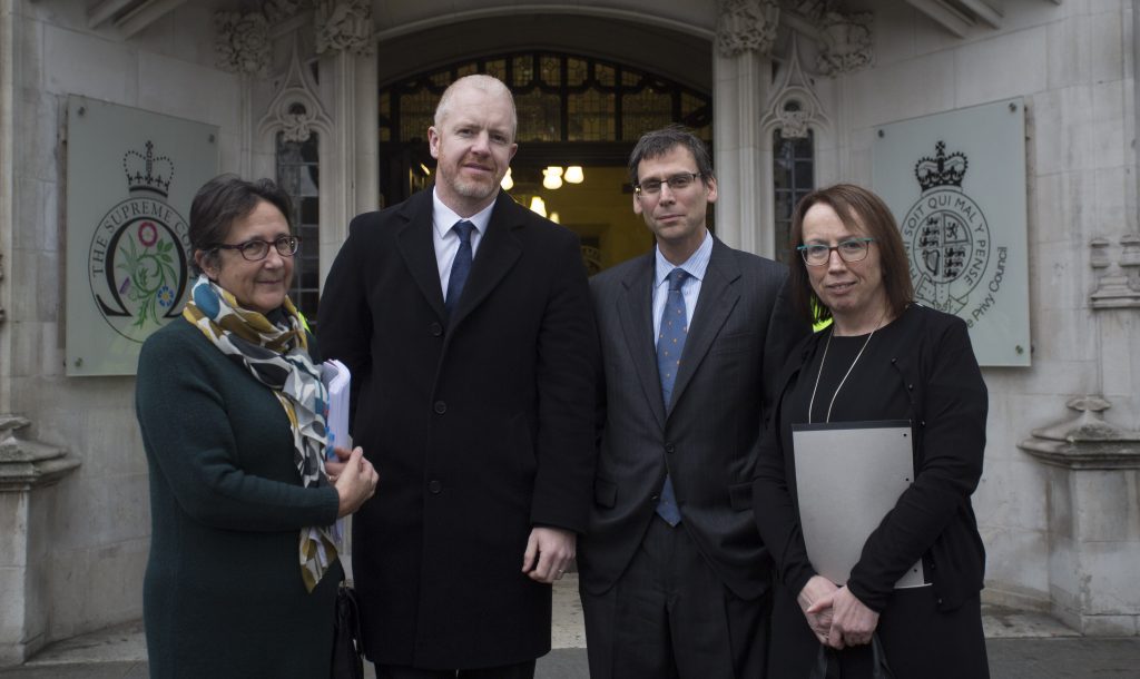 L-R Beverly Jones (Jones Cassidy Brett Solicitors), Kevin Hanratty (Human Rights Consortium), Professor Daniel Halberstam (Jones Cassidy Brett Solicitors) & Fiona Cassidy (Jones Cassidy Brett Solicitors) pictured outside the Supreme Court in London. 