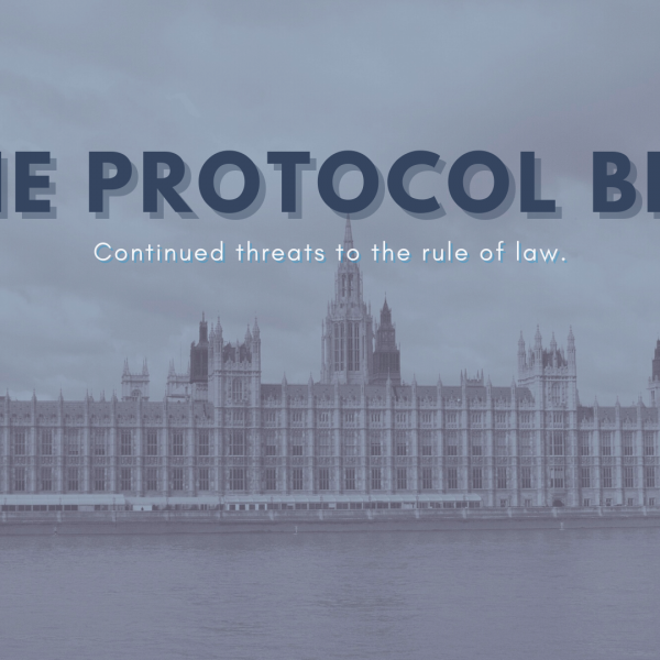 An image of the UK Houses of Parliament with a blue tinge, overlaid with the words "The Protocol Bill / Continued threats to the rule of law". The Human Rights Consortium logo is in the bottom corner.
